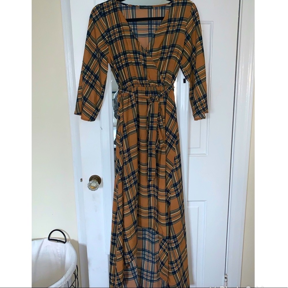 Hi-lo burnt orange wrap midi dress